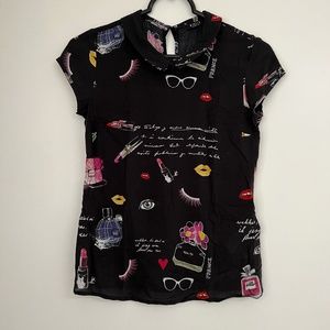 Mohito | French Motif Peter Pan Collar Navy Blouse Size EU34/US0